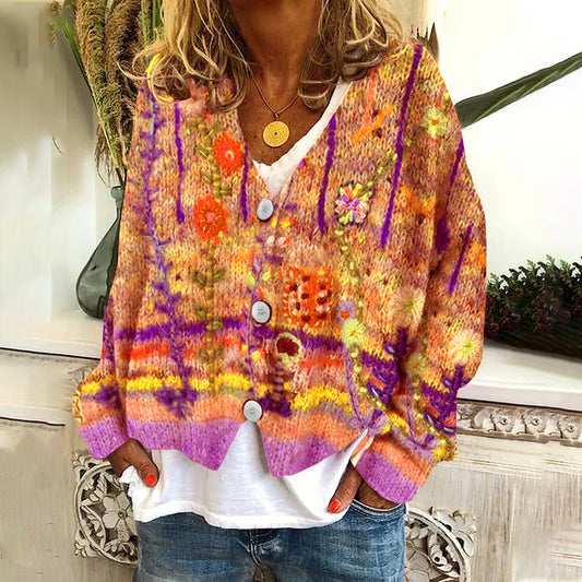 Vintage Floral Print V-Neck Long Sleeved Knitted Cardigan elevenforest