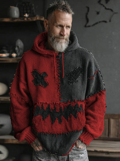 Men's Halloween Spooky Face Colorblock Stitched Hooded Cozy Knit Sweater artswardrobe