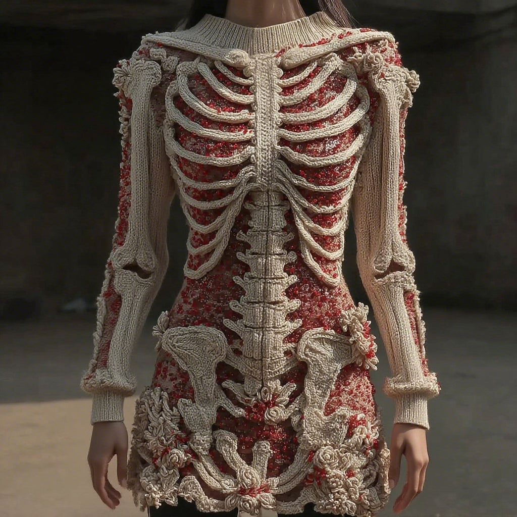 Women's Vintage Skull Floral Art Cozy Sweater Dress artswardrobe