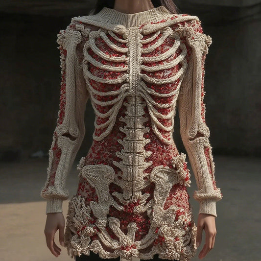 Women's Vintage Skull Floral Art Cozy Sweater Dress artswardrobe