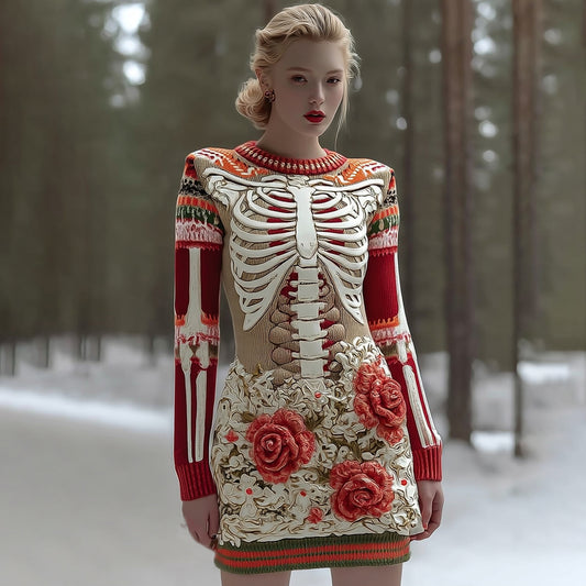 Women's Vintage Halloween Skeleton Bones With Rose Art Cozy Knit Mini Sweater Dress artswardrobe