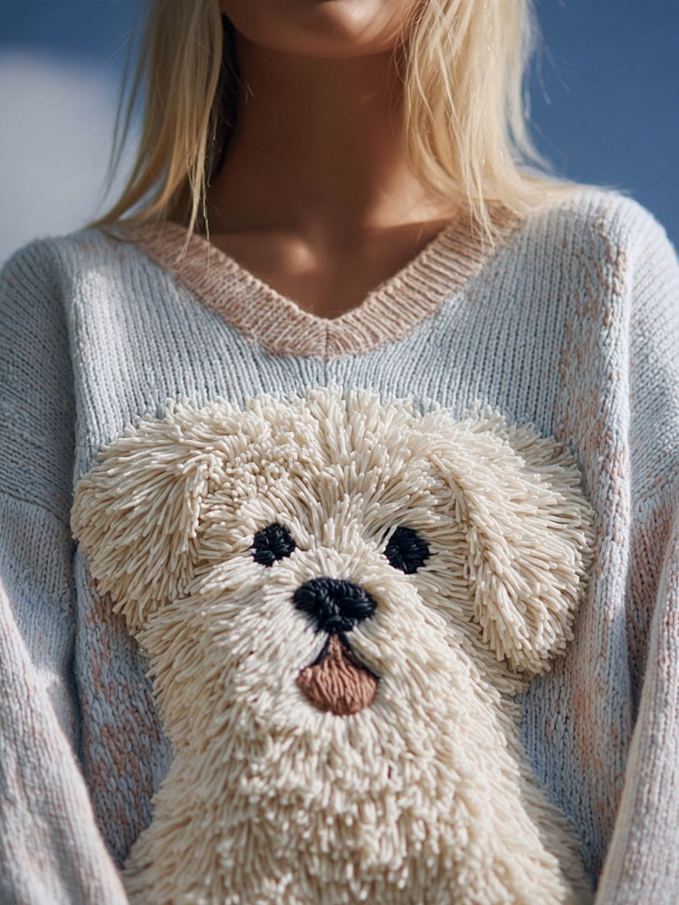 Cute Fuzzy Dog Embroidered V Neck Cozy Sweater artswardrobe