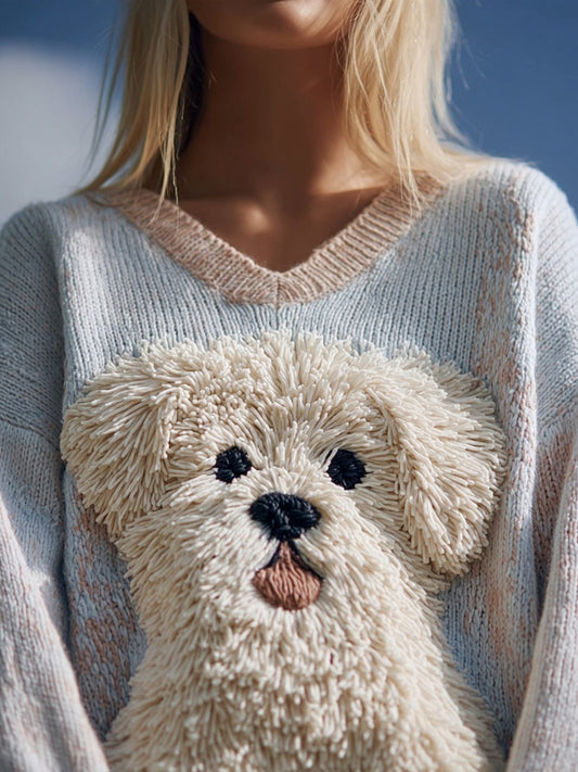 Cute Fuzzy Dog Embroidered V Neck Cozy Sweater artswardrobe