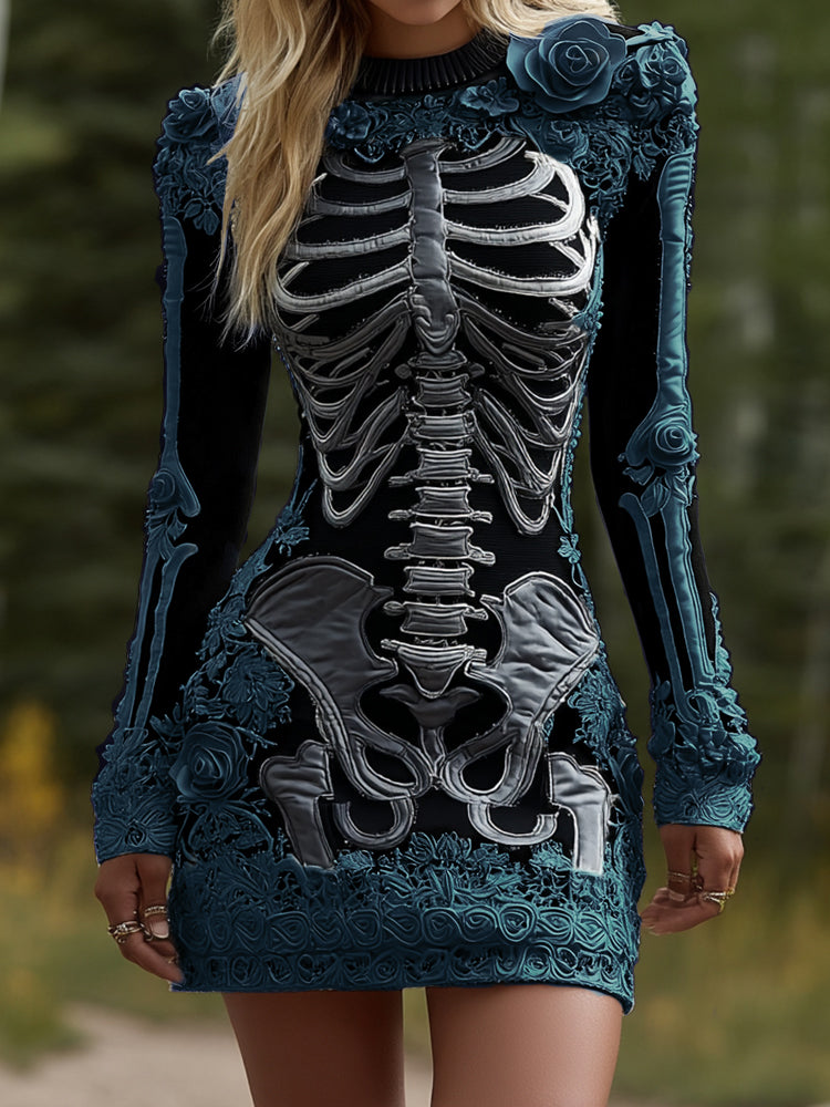 Women's Halloween Skeleton Bones Leather With Rose Pattern Art Hot Sexy Style Cozy Knit Mini Sweater Dress artswardrobe