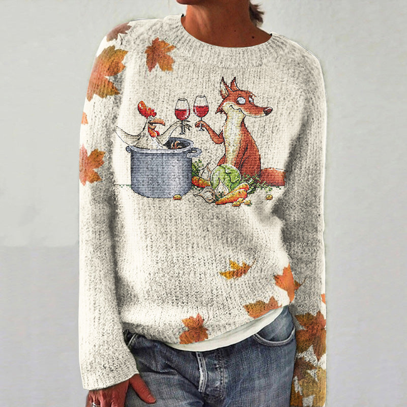 Funny Fox And Chicken Animal Pattern Women's Sweater artswardrobe