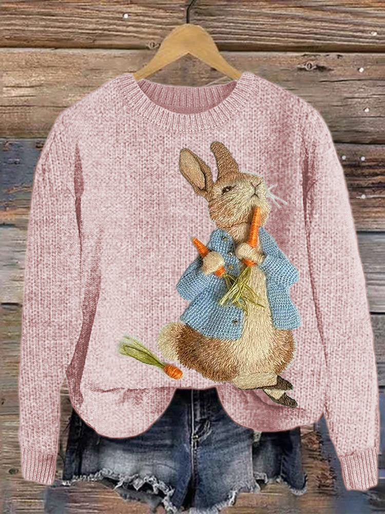 Cute Bunny Embroidery Art Cozy Knit Sweater artswardrobe