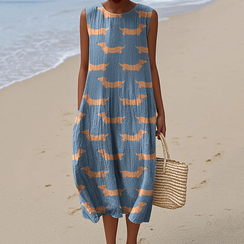 Comstylish Women's Cute Dachshund Color Block Art Print Sleeveless Dress