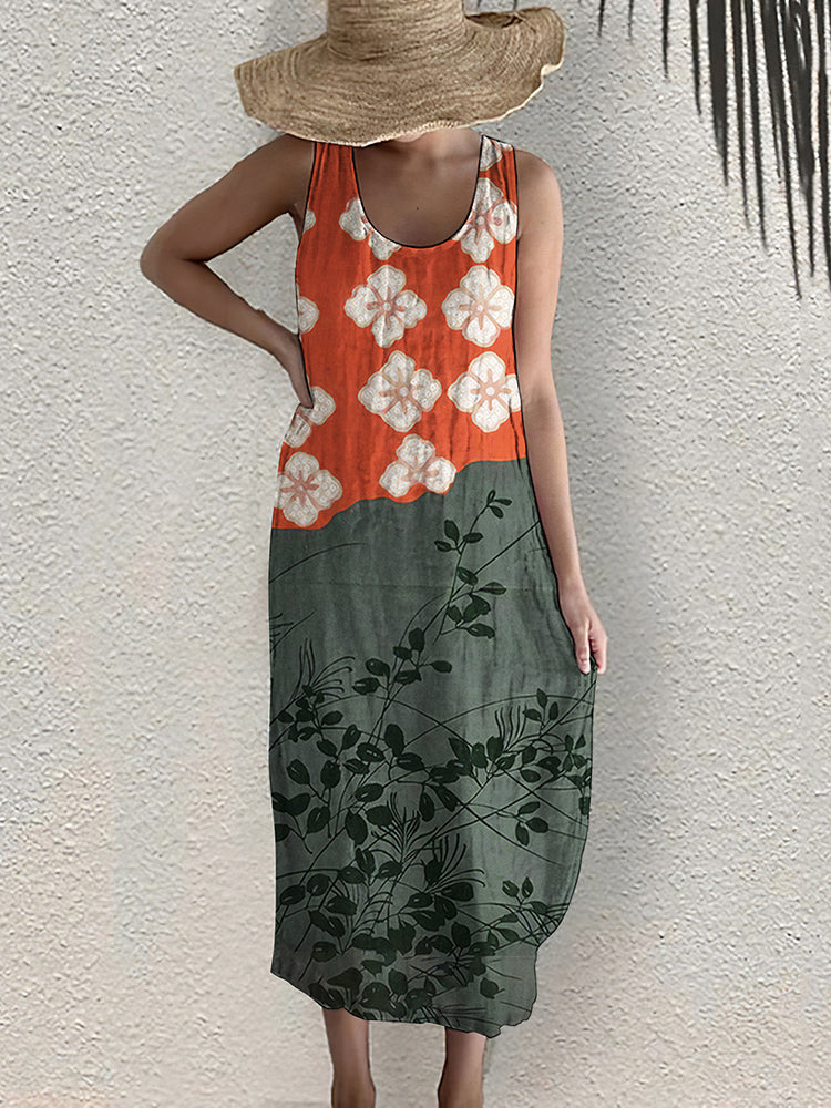 Japanese Art Flower Print Sleeveless Casual Linen Blend Midi Dress