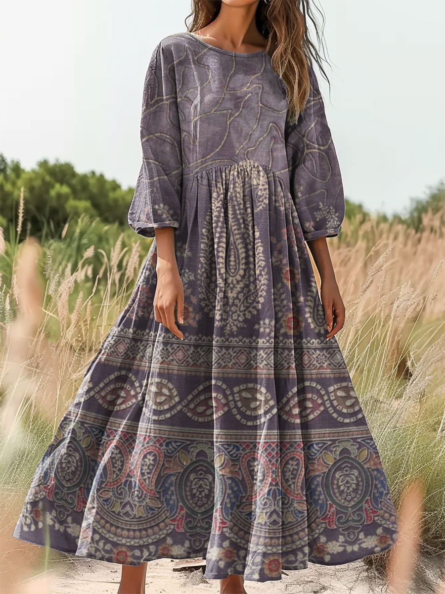 Women's Vintage Ethnic Paisley Collage Print Flowy Cotton Crew Neck Dr