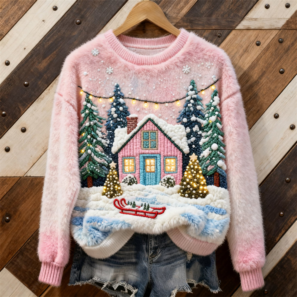 Christmas Snow House Art Women's Cozy Plush Sweater