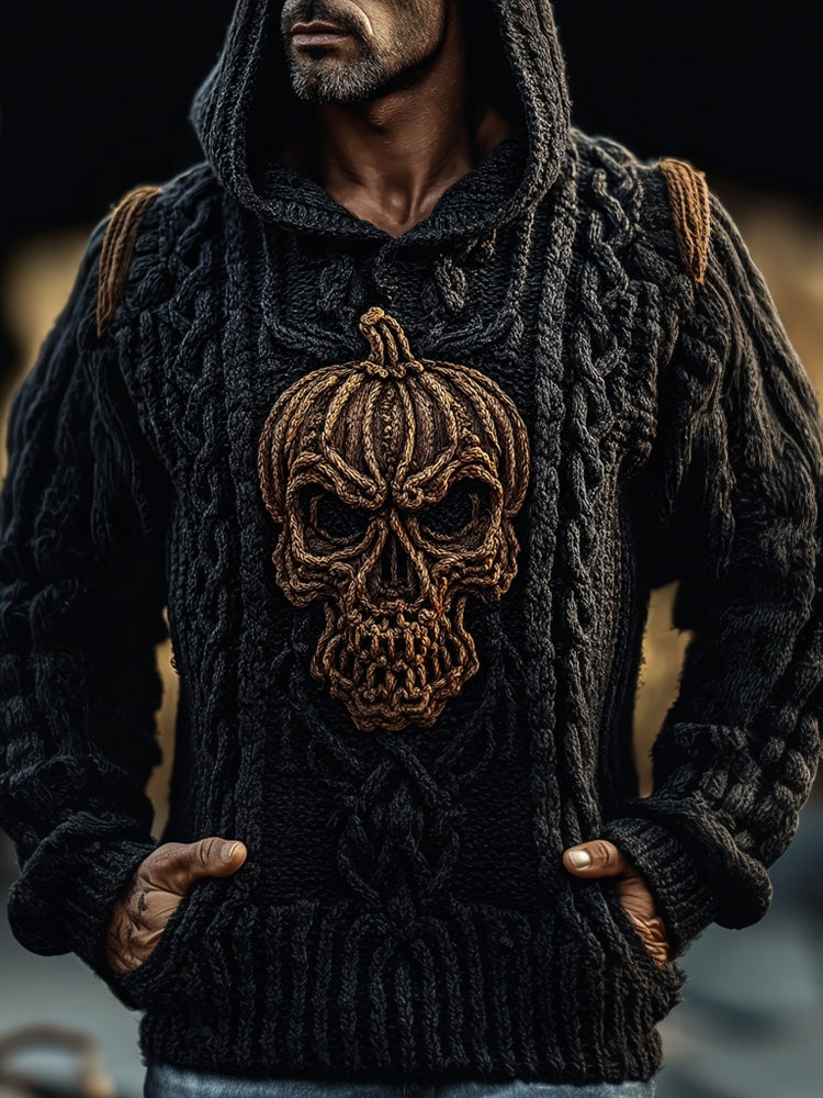 Men's Halloween Spooky Pumpkin Skull Chunky Hooded Sweater artswardrobe