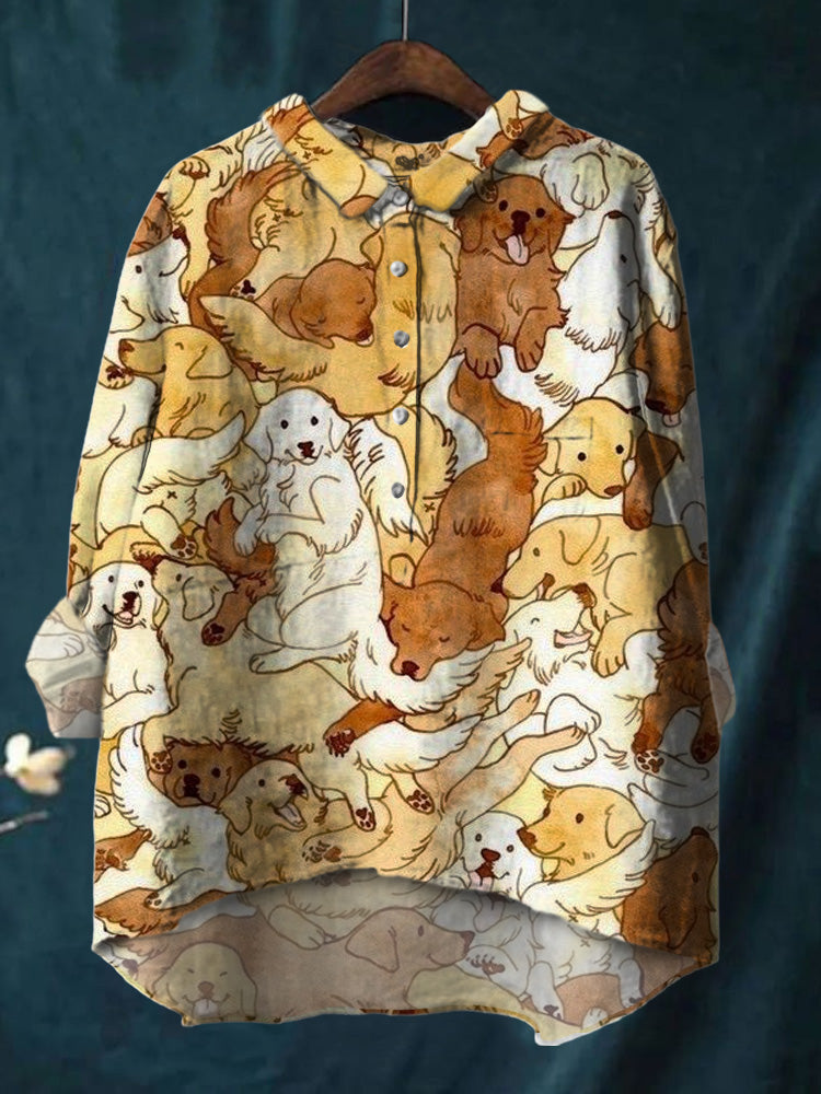 Colorful Watercolor Dog Print Cotton And Linen Shirt