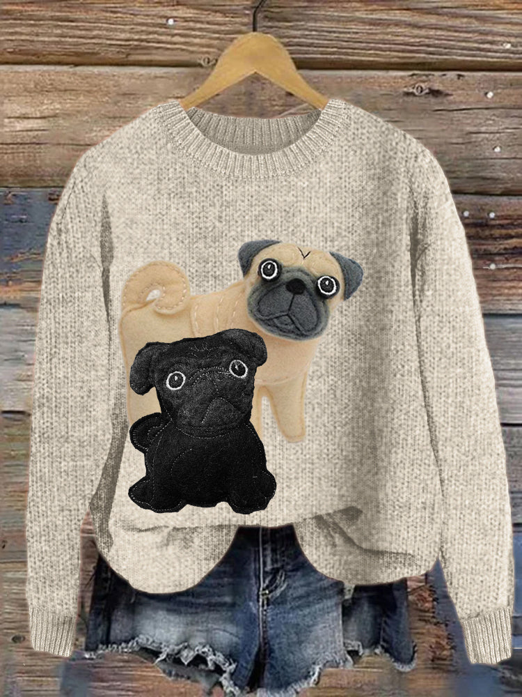 Comstylish Lovely Pug Dogs Felt Applique Cozy Sweater