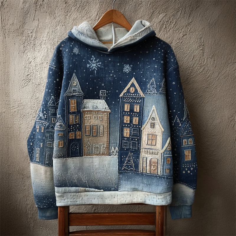 Comstylish Snowy Christmas Night Street Scene Denim Patchwork Hoodie
