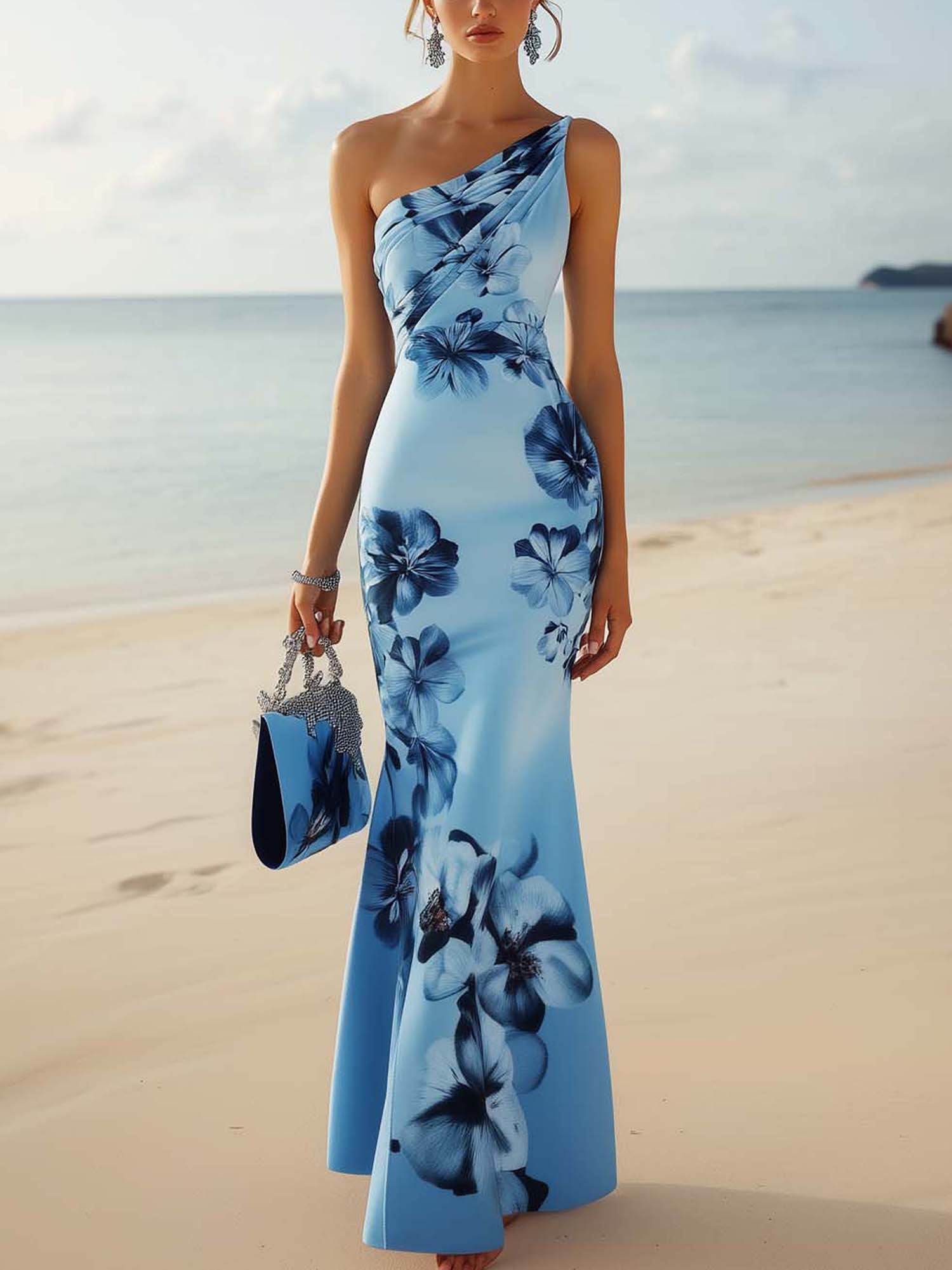 Shipping One Shoulder Light Blue Bodycon Dress With Blue Gradient Floral Print