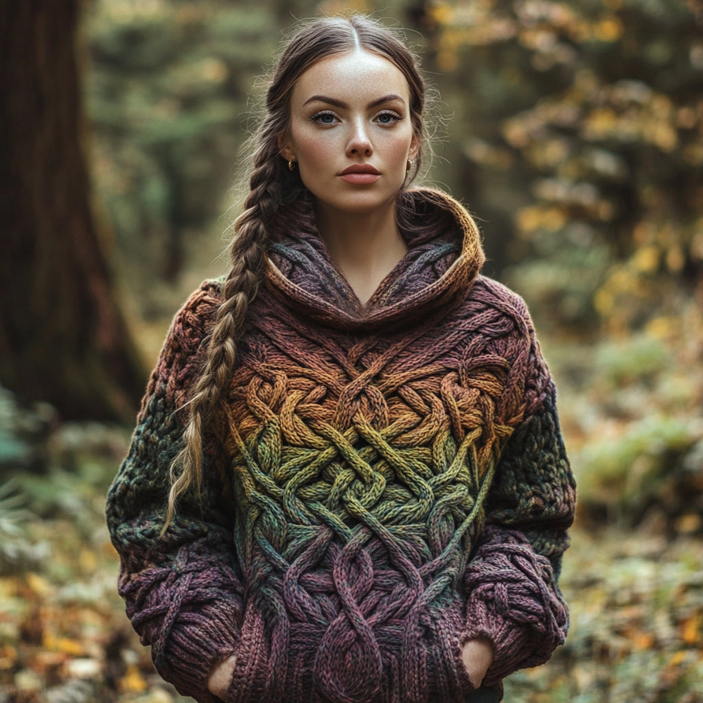 Women's Celtic Knot Colorful Vintage Jacquard Turtleneck Pocket Sweater elevenforest