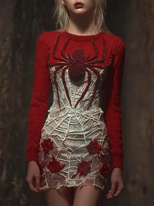 Comstylish Women Halloween Spider And Rose Vintage Knitted Mesh Dress