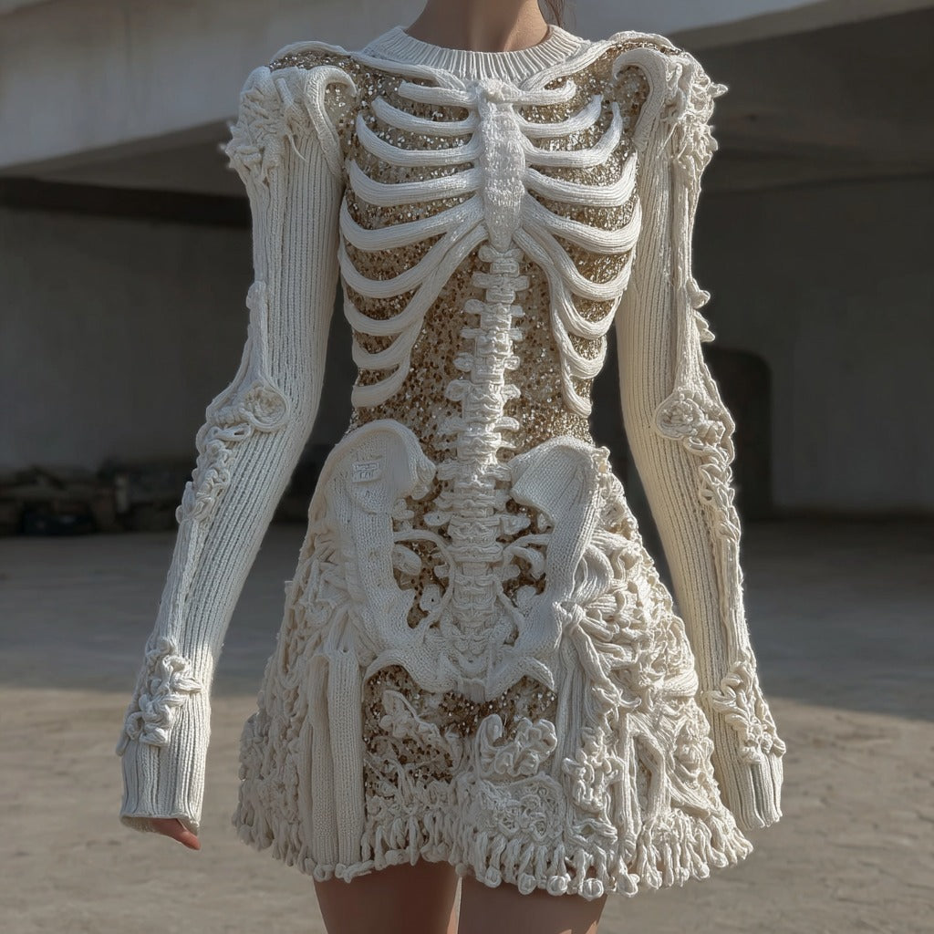 Women's Vintage Skull Floral Art Cozy Sweater Dress artswardrobe