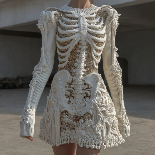 Women's Vintage Skull Floral Art Cozy Sweater Dress artswardrobe