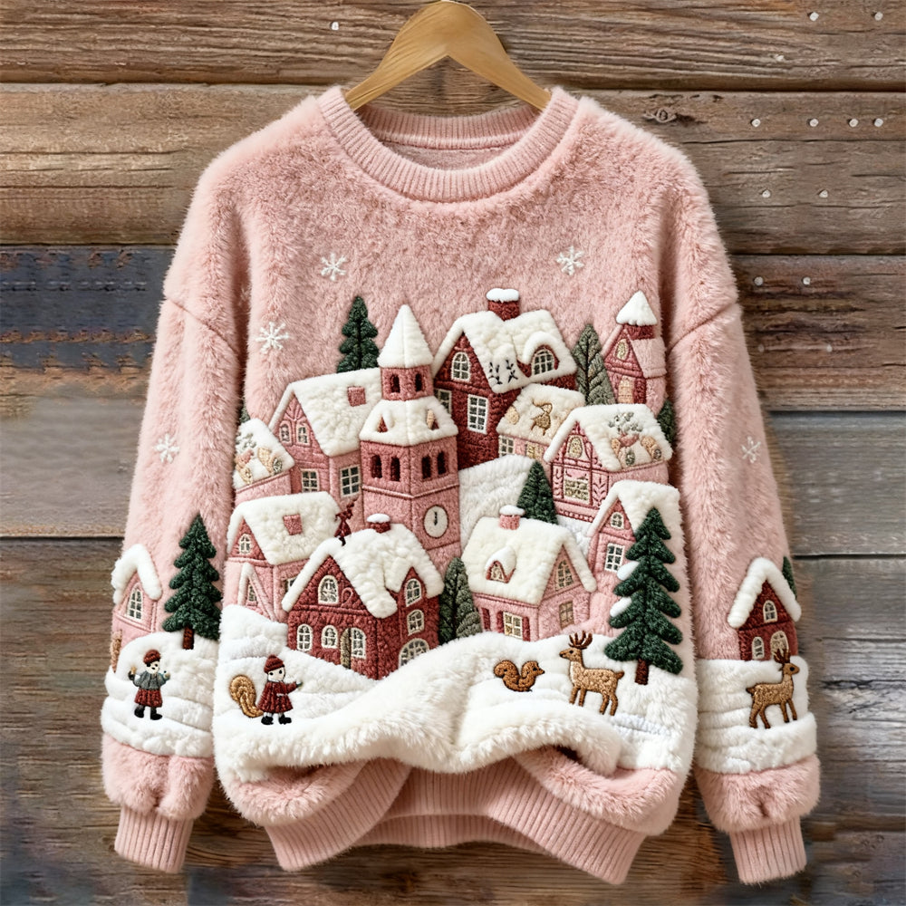 Comstylish Christmas House Snow Scene Art Women's Cozy Plush Sweater