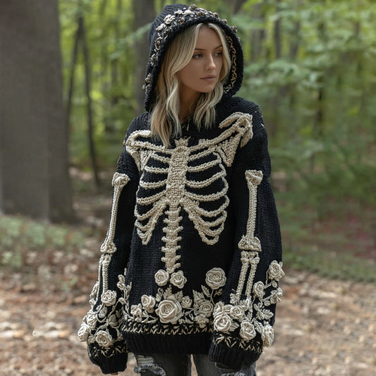 Halloween Skeleton Anatomy Floral Hooded Cozy Knit Sweater artswardrobe