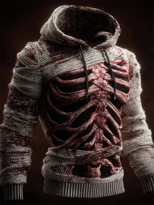 Men's Halloween Skeleton Rib Cage Bloody Bandages Hooded Sweater artswardrobe