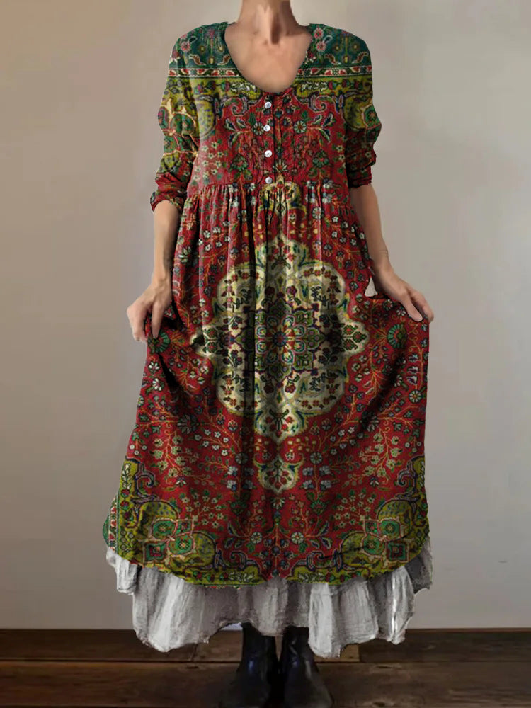 Women's Vintage Ethnic Floral Art Print V-Neck Button Pocket Cotton Dr