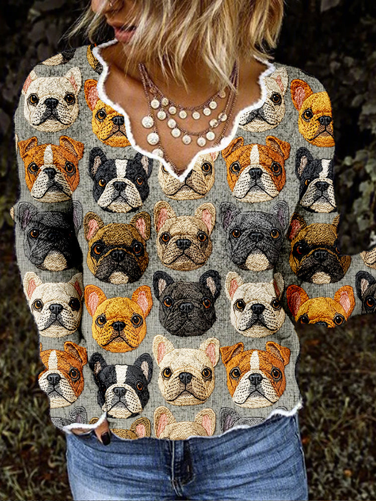 Comstylish French Bulldog Dog Embroidered Scalloped Cozy Knit Sweater