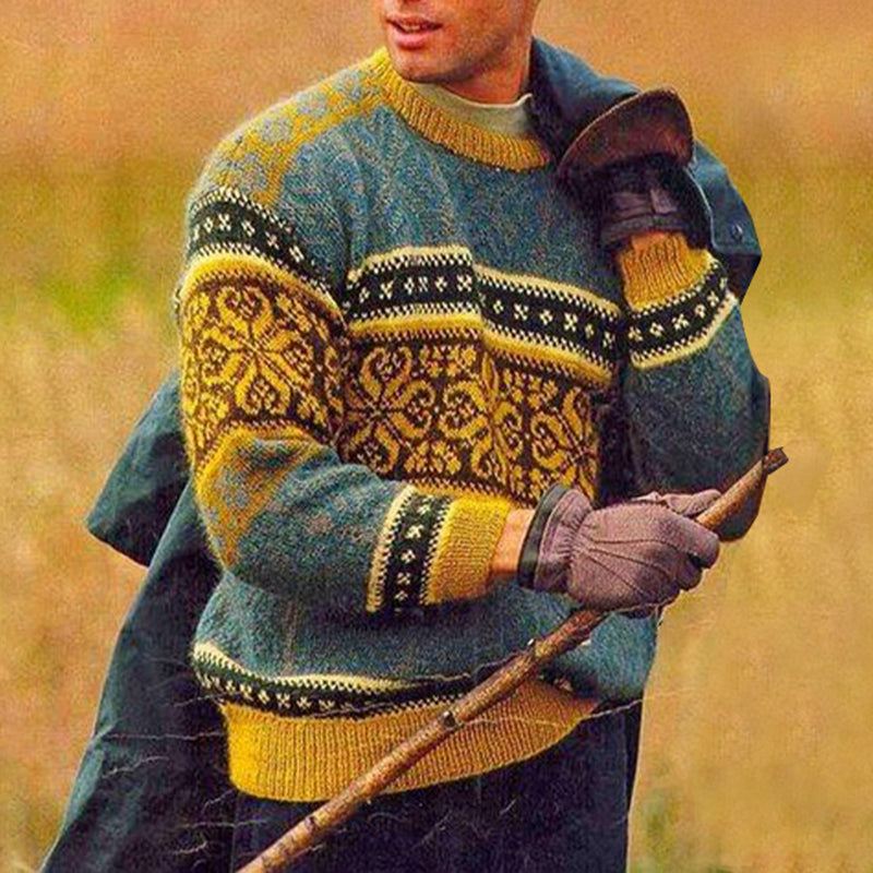 Retro Ethnic Contrasting ColorsPrint Knitted Jacquard Sweater elevenforest