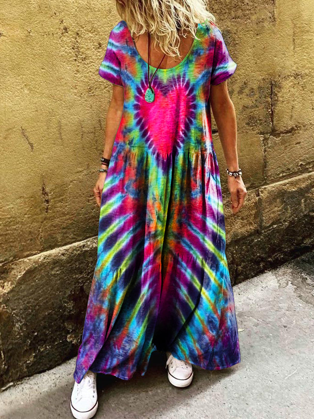 Women's Heart Tie-Dye Art Print Pocket Short Sleeve Cotton Dress