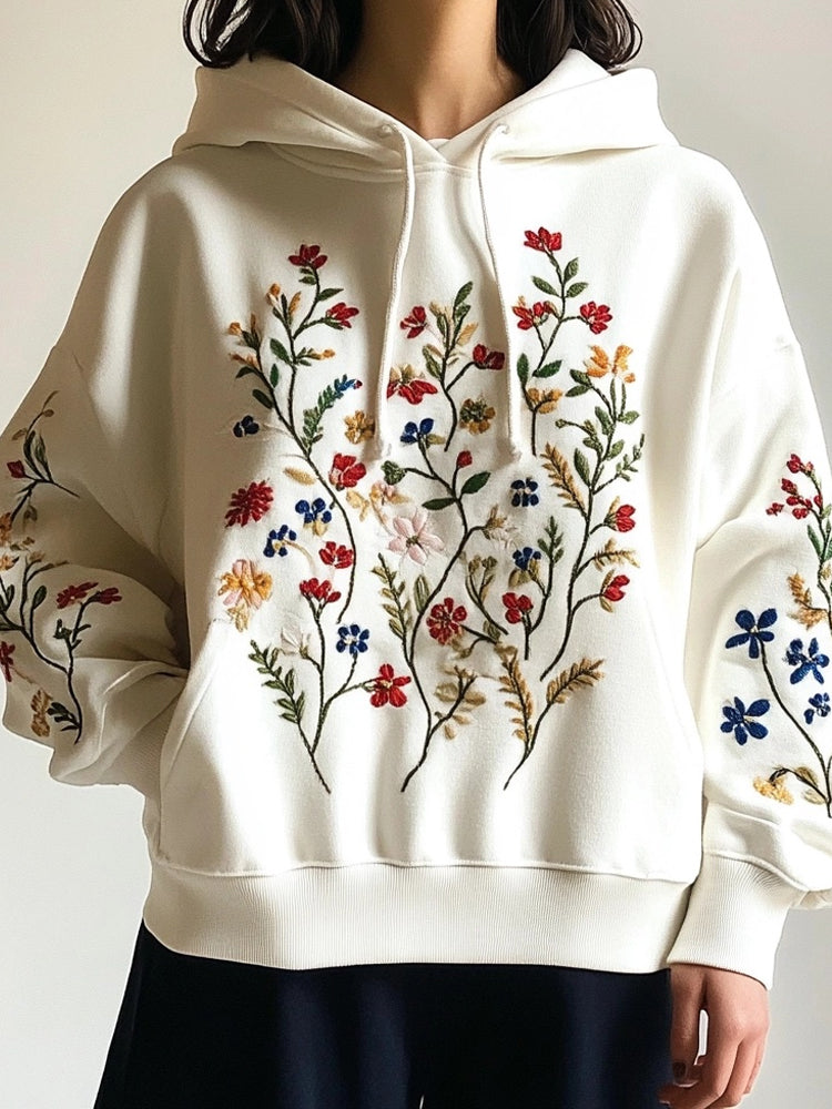 Comstylish Elegant Florals Plants Embroidered Cozy Hoodie