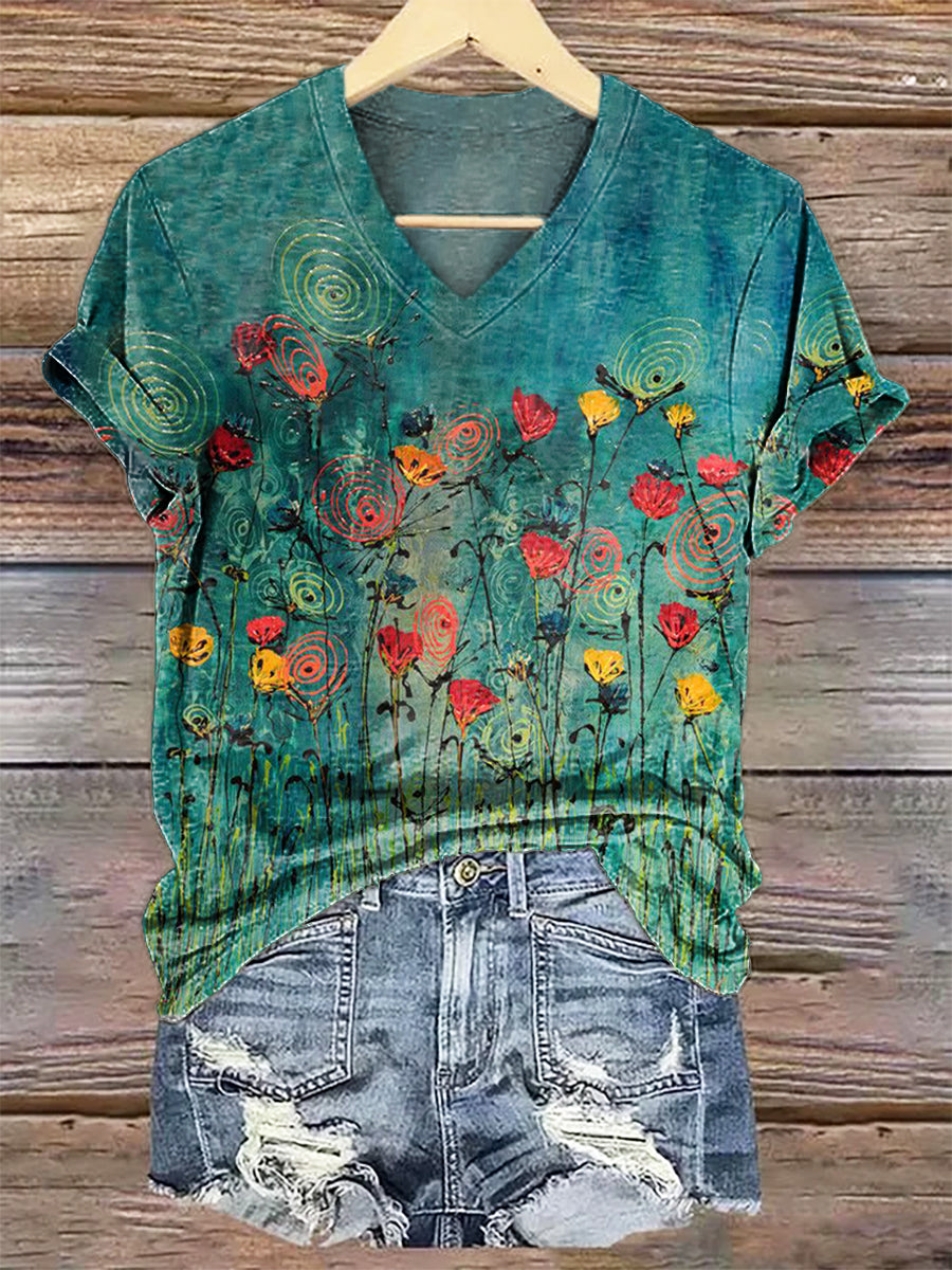 Women's Floral Art Print V-Neck Casual T-Shirt