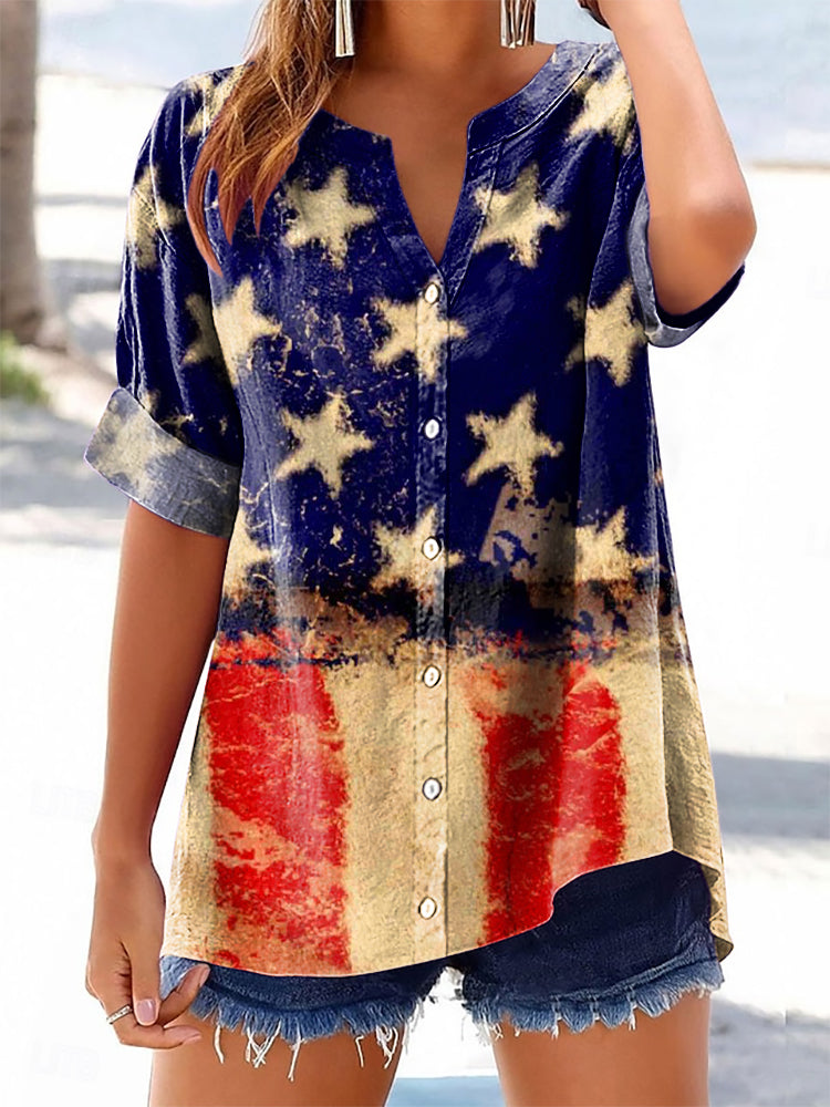 Women's Vintage Flag Art Print Casual Cotton And Linen Shirt