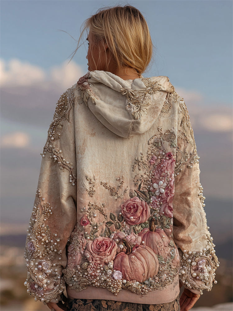 Thanksgiving Pink Pumpkins Roses Glitter Beaded Comfy Hoodie artswardrobe