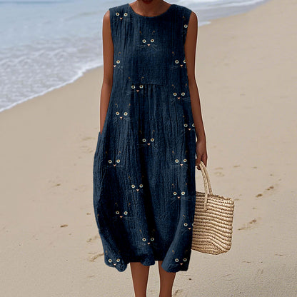 Comstylish Cute Cat Face Pattern Comfy Linen Tank Dress