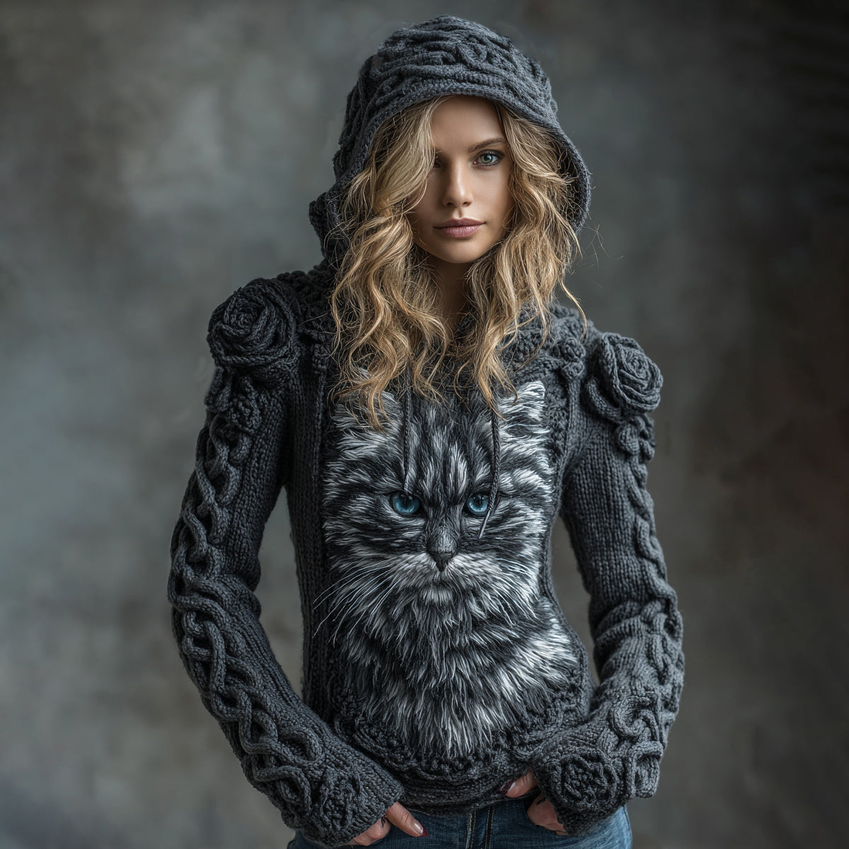 Comstylish Women's Vintage Cute Cat With Rose Art Knitted Warm Hooded Sweater