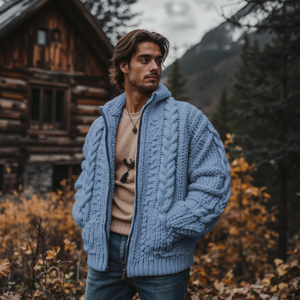 Men'S Burlap Pattern Vintage Stand Collar Zipper Sweater elevenforest