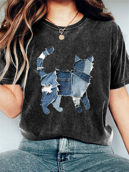 Women's Casual Funny Denim Cat Print T-shirt artswardrobe