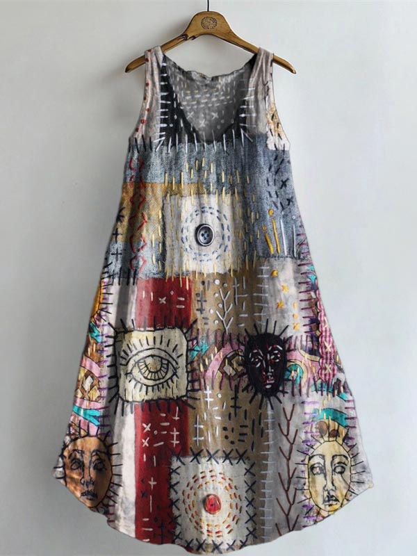 Women's Bohemian Patchwork Print V-neck Pocket Cotton Dress