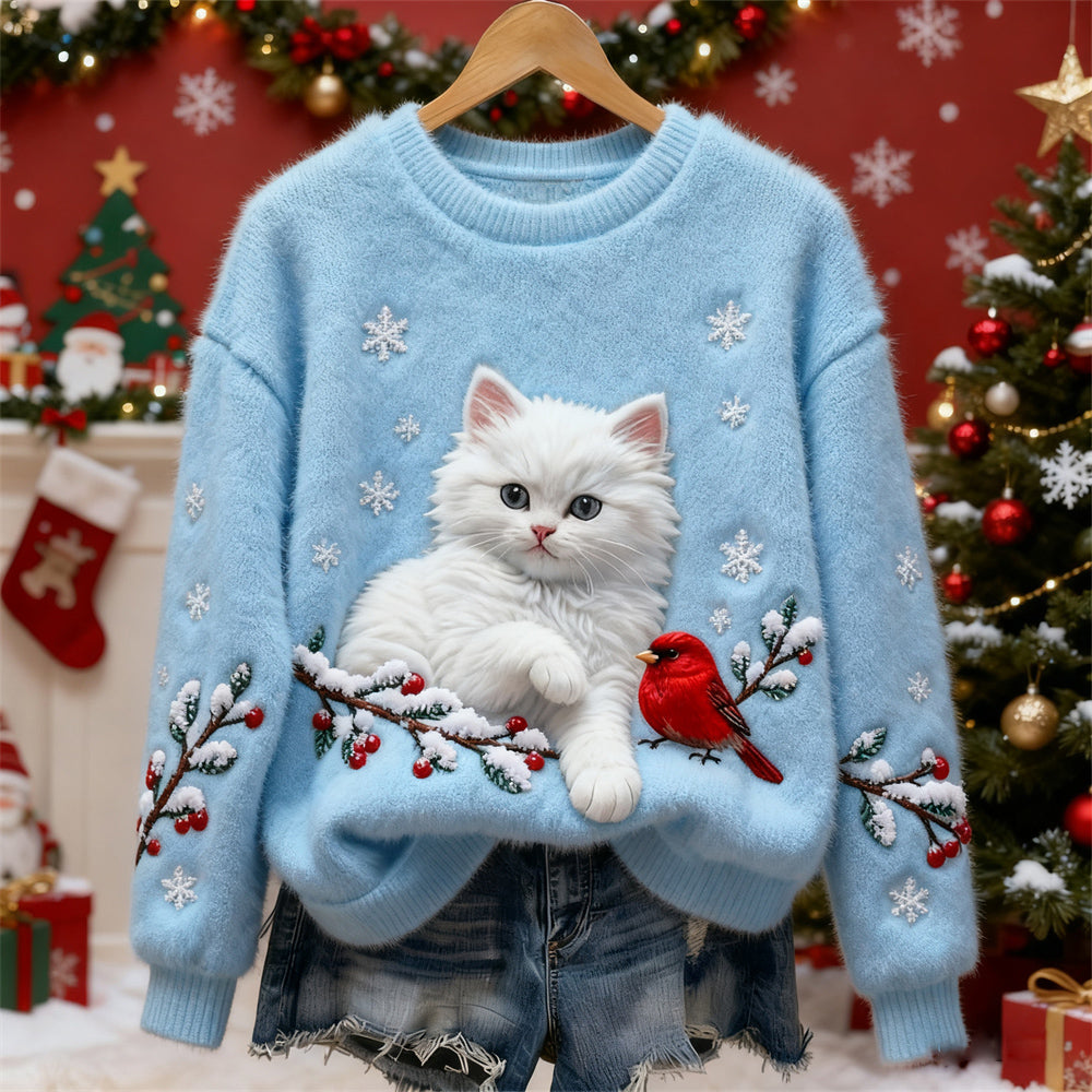 Comstylish Christmas Cat & Bird Art Women's Flannel Sweater