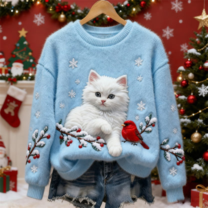 Comstylish Christmas Cat & Bird Art Women's Flannel Sweater
