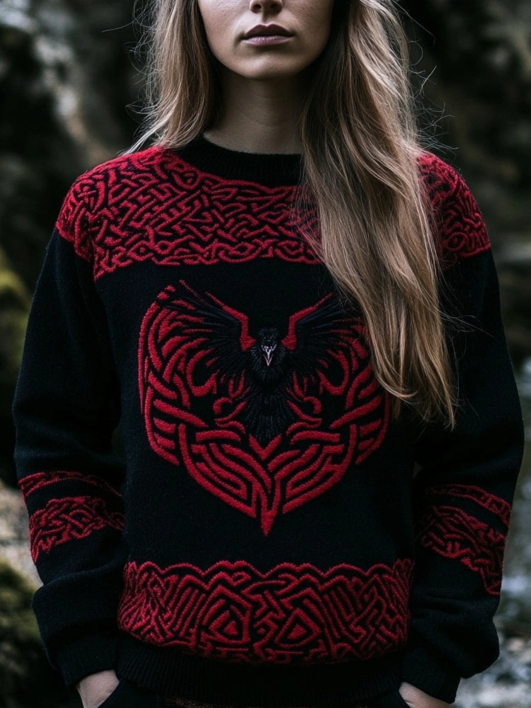 Viking Raven Inspired Jacquard Retro Crew Neck Cozy Sweater artswardrobe