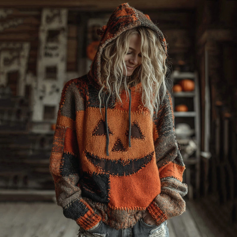 Halloween Pumpkin Face Patchwork Stitched Cozy Knit Hooded elevenforest
