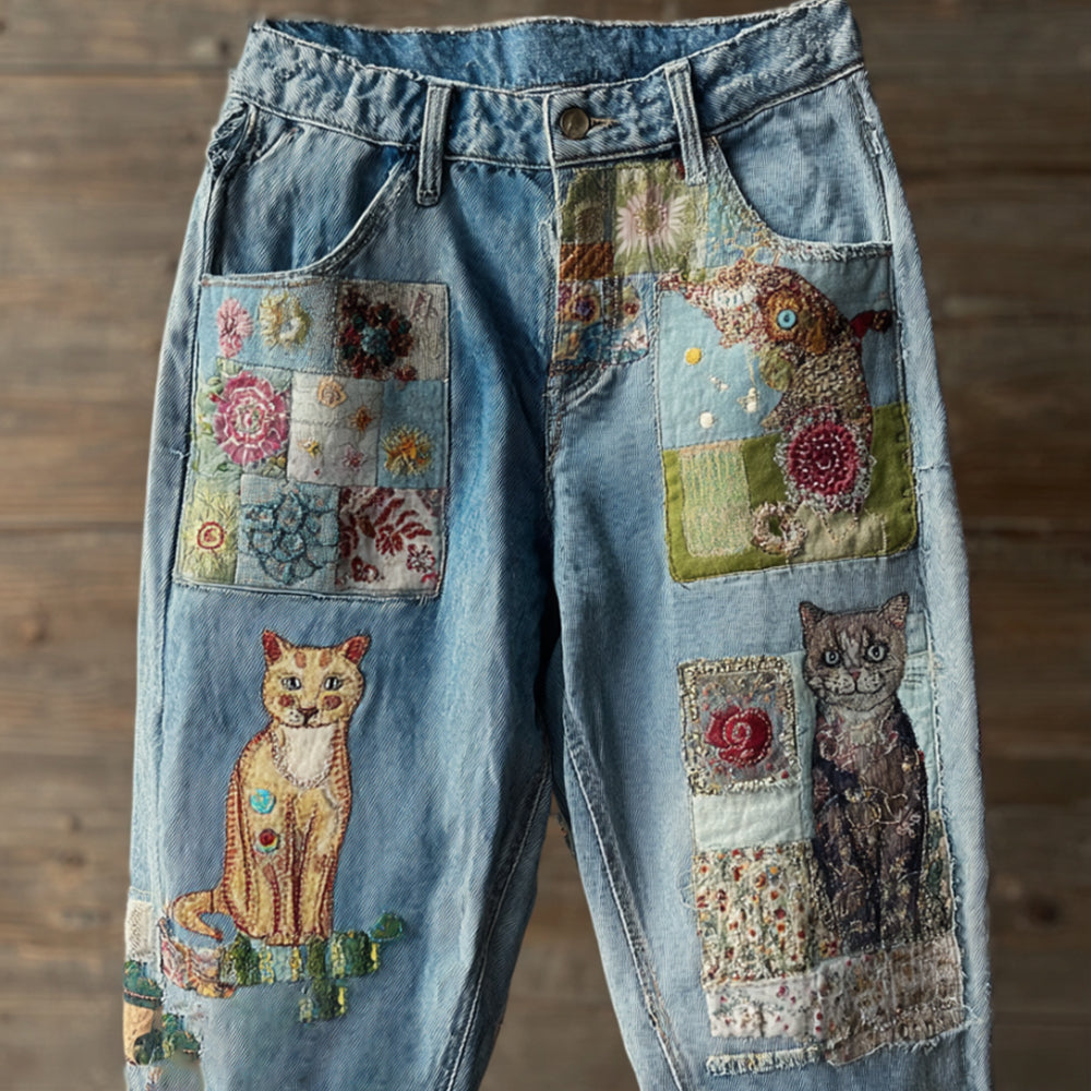 Women's Vintage Cat Embroidery Jeans elevenforest