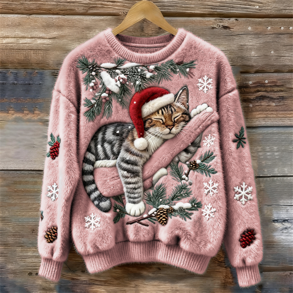 Comstylish Christmas Lazy Cat Art Women's Cozy Plush Sweater
