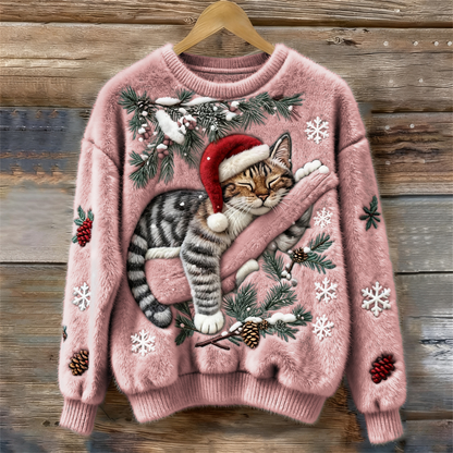 Comstylish Christmas Lazy Cat Art Women's Cozy Plush Sweater