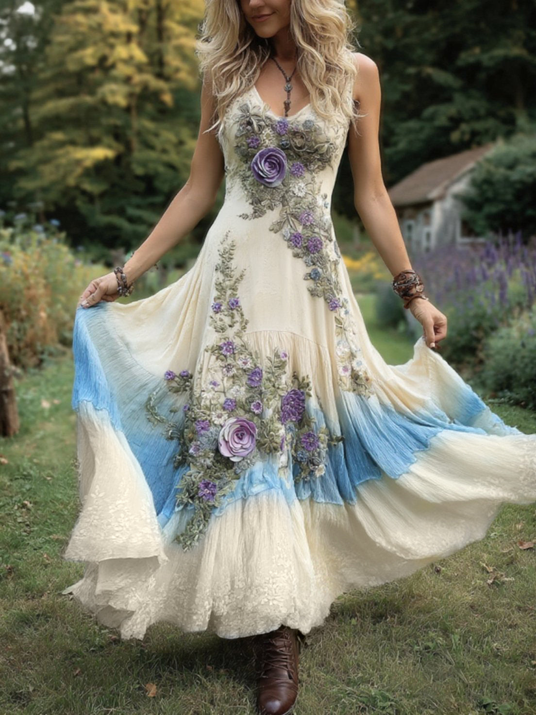 Classy Gradient Purple Lavender And Floral Embroidered Linen Maxi Dress artswardrobe