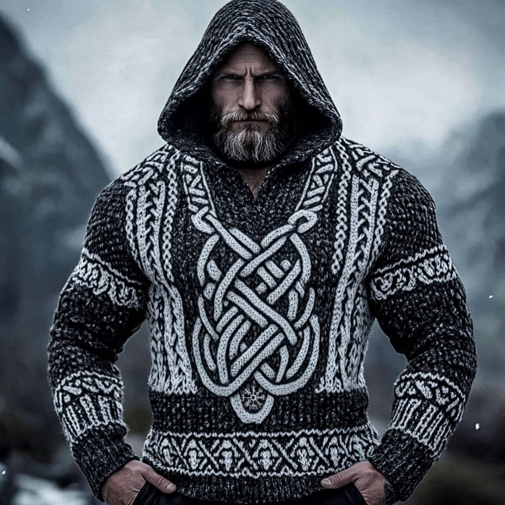 Men's Viking Tribal Chunky Knit Celtic Knotwork Patterns Cozy Knit Hooded Sweater elevenforest