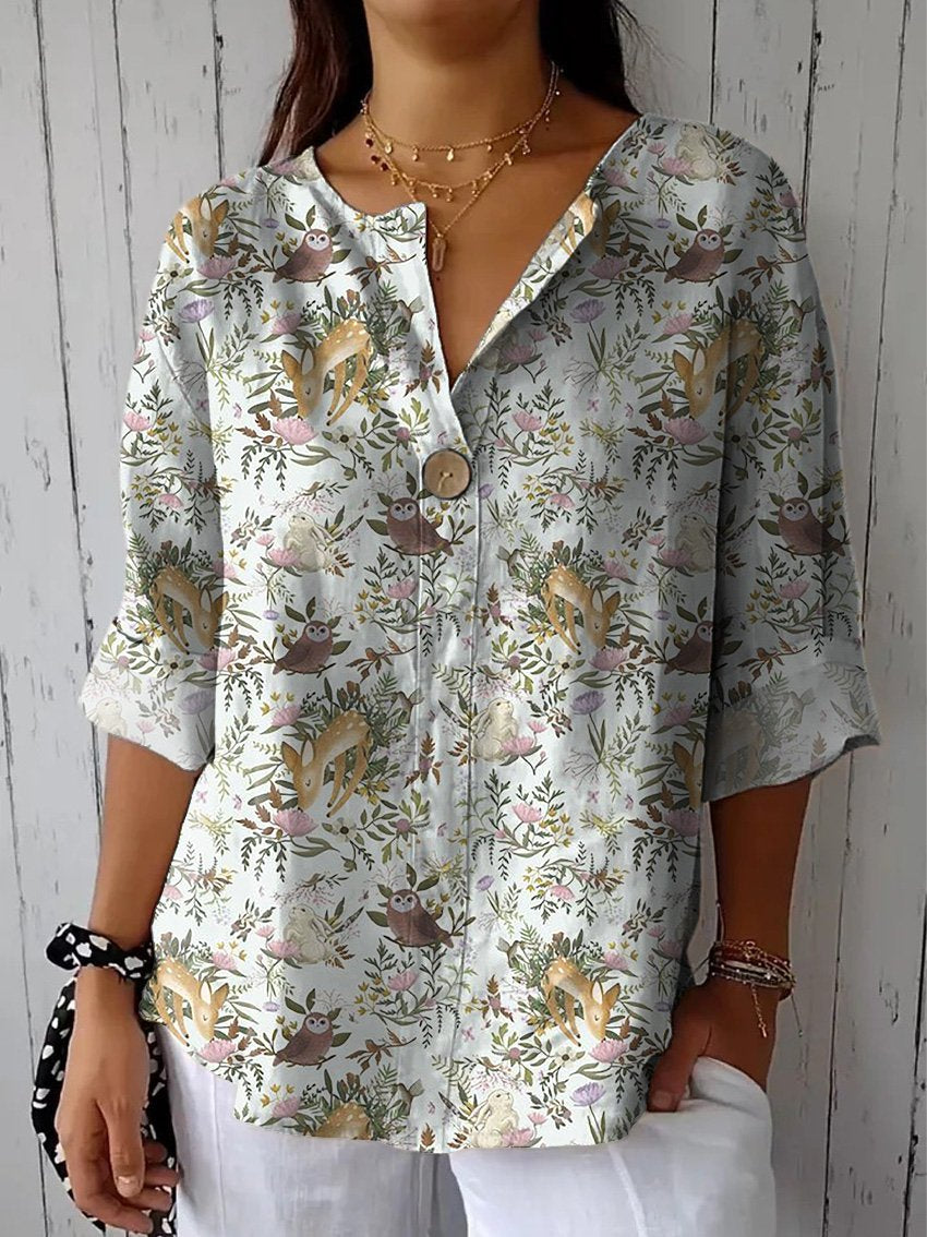 Woodland Animals And Floral Pattern Printed Women's Casual Cotton Linen Shirt