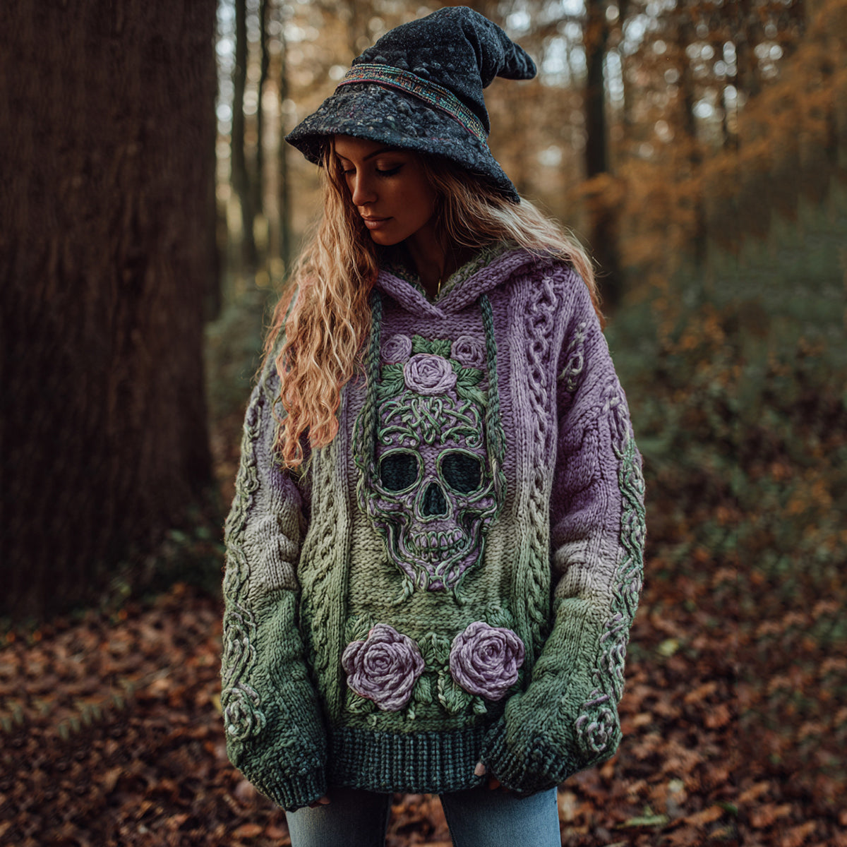 Women's Viking Tribal Jacquard Celtic With Rose And Skull Inspired Chunky Knit Hooded Sweater artswardrobe